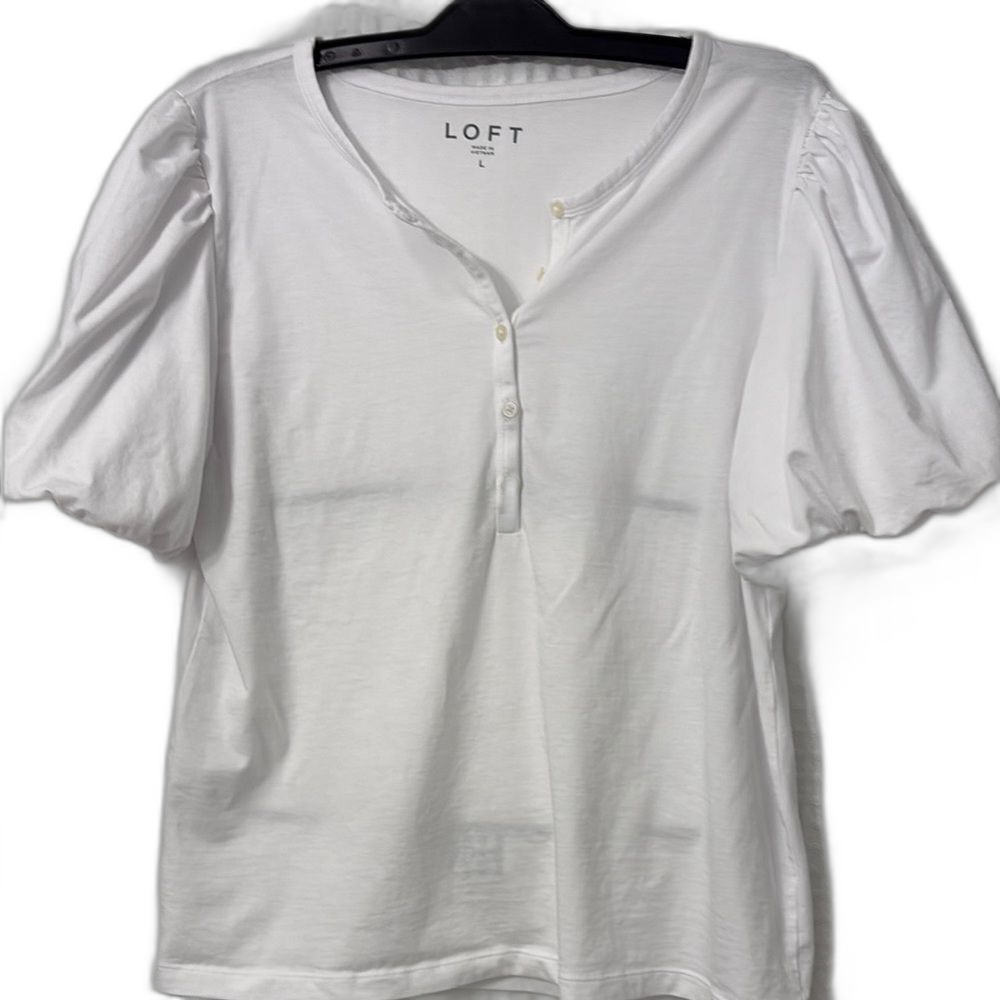 LOFT White Puff Sleeve Blouse Relaxed Fit Size L